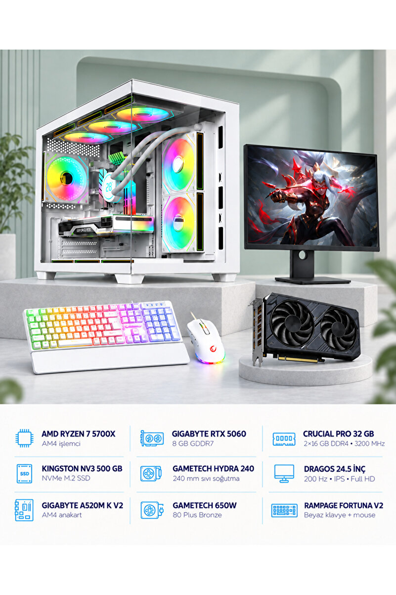 Symoon Ryzen 7 5700X RTX 5060 8GB 32GB RAM 500GB SSD 240mm Sıvı Soğutmalı 24.5" Monitörlü Klavyeli Gaming PC