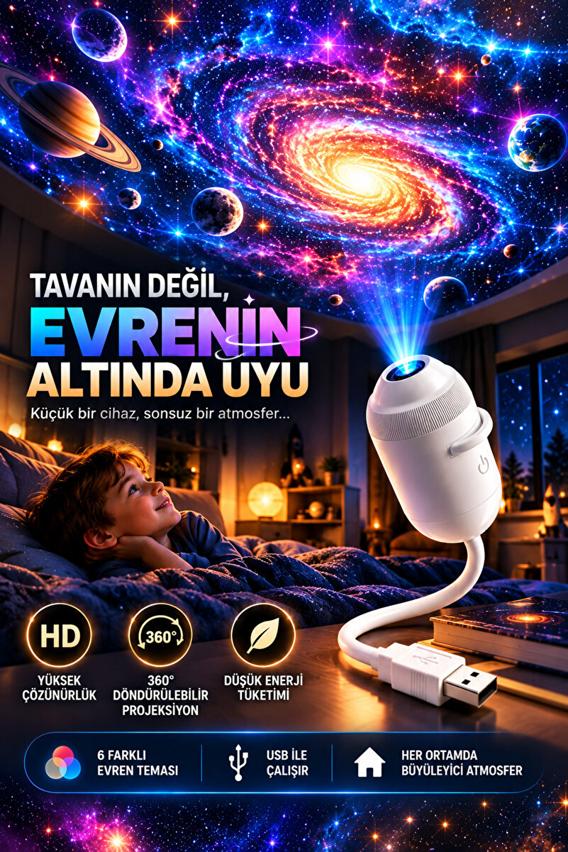 TECHNOMEN Galaksi Projektör Gece Lambası 6 Farklı Uzay Temalı 360° Ayarlanabilir USB Mini Projeksiyon Cihazı