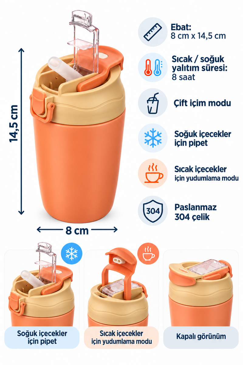 Emofom Nova Termos Kahve Bardak 350 ml Paslanmaz Çelik Çift Bariyerli Seyahat Matarası Pipetli Mug