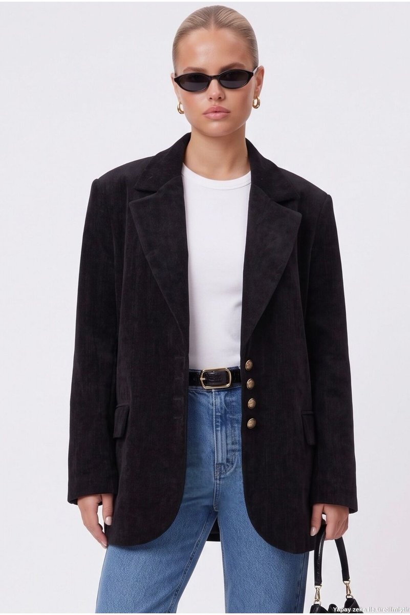 Kadın Jonas Astarlı Cepli Siyah Lux Oversize Blazer Ceket