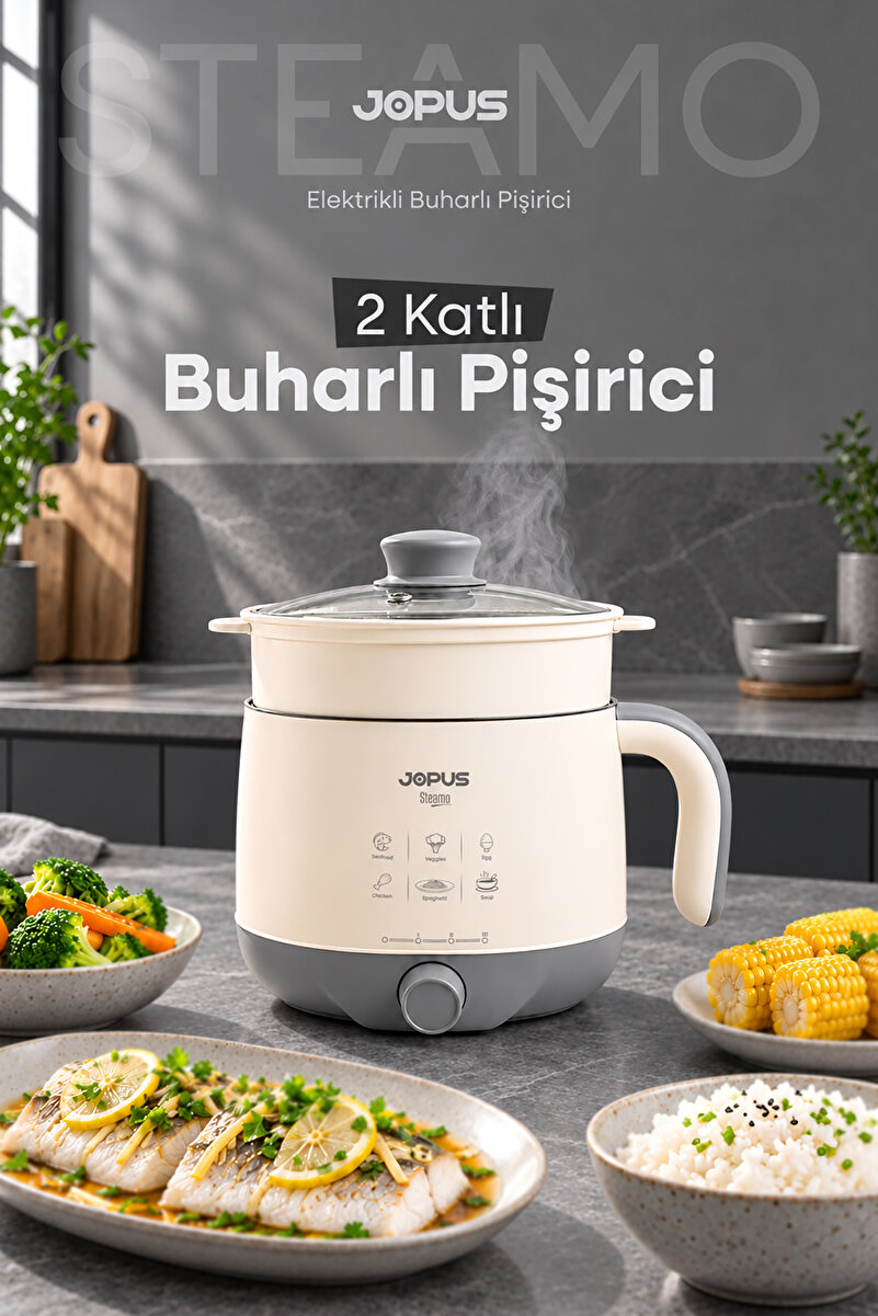 Jopus Çok Amaçlı Elektrikli Tencere 600W 2.1L Buharlı ve Yağda Pişirme Fonkiyonlu 2 Katlı
