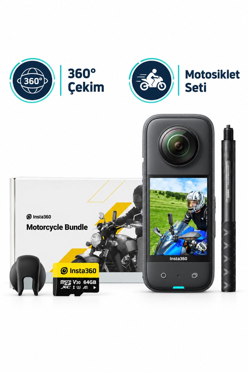 Insta360 Motosiklet Paketi - 1/2"Sensörlü Su Geçirmez 360°Aksiyon Kamerası, 5.7K 360 °, 72MP X3