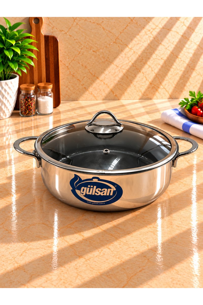 gülsan 28 cm Yanmaz Yapışmaz Tabanlı 18/10 Çelik Tencere