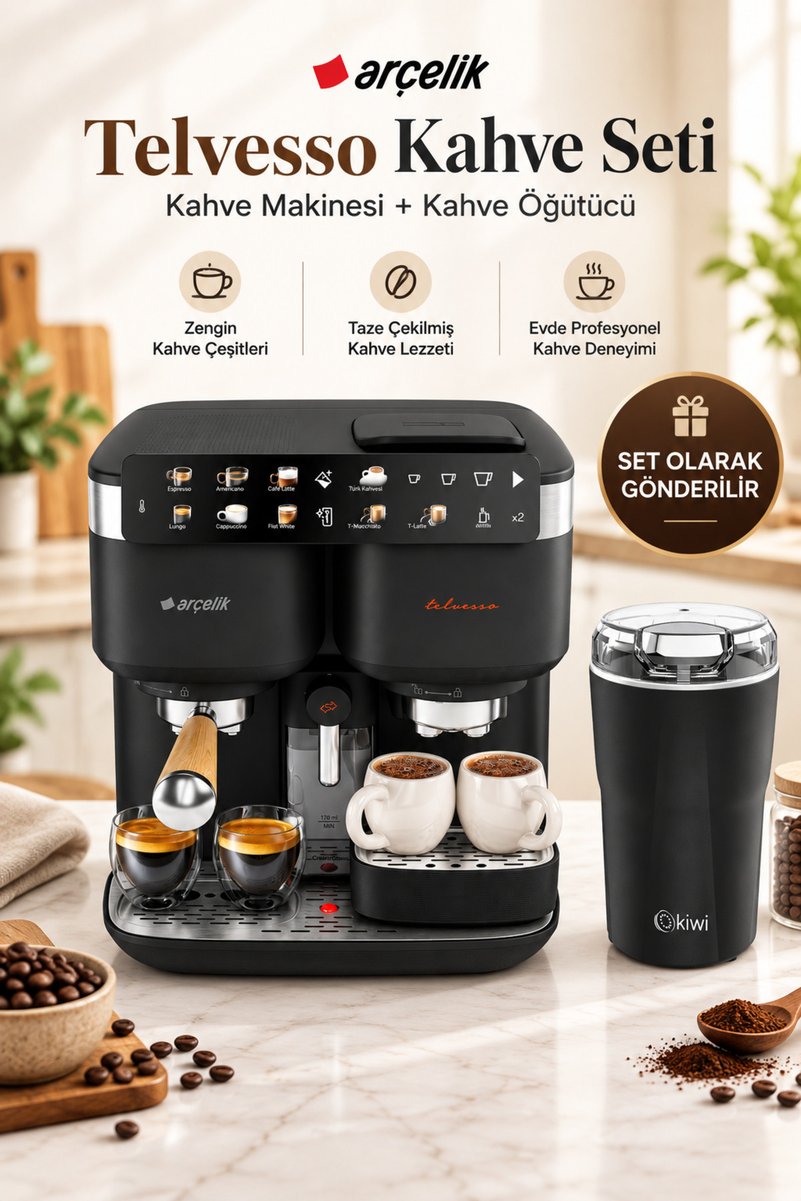 Arçelik Telvesso® 2 si 1 Arada Türk Kahvesi Makinesi & Yarı Otomatik Espresso Makinesi Kahve Öğütücü Hediyeli