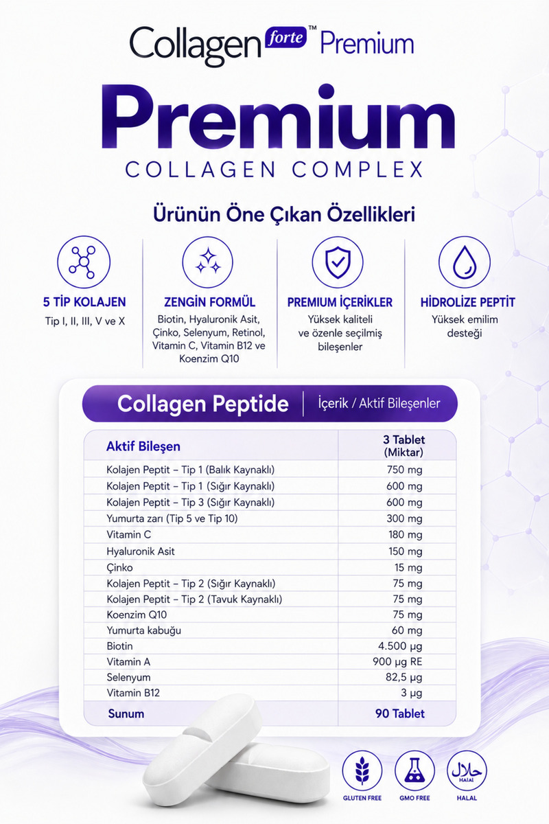 Collagen Forte Platinum 5 Tip Kolajen 90 Tablet, Biotin, C Vitamini, Vitamin B12, Diyet Desteği
