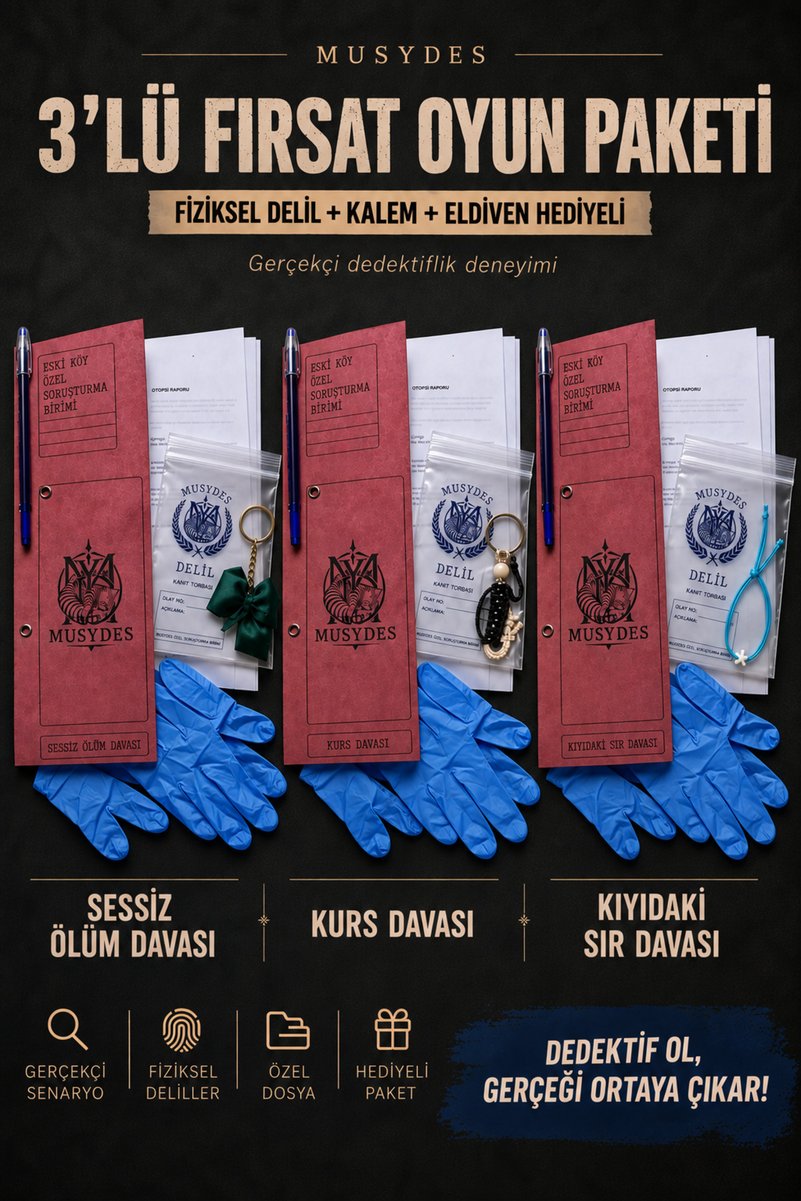 Musydes 3'lü Dava Paketi, Kıyıdaki Sır Davası, Kurs Davası, Sessiz Ölüm Davası, Dedektif Oyunu, Cinayet Çözme Oyunu, Katili Bulma Oyunu, Suçluyu Bulma, Katil Kim, Gizem Oyunu