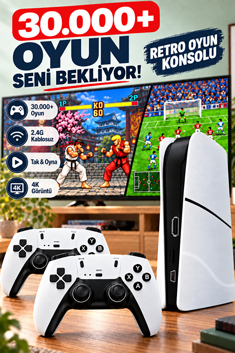 Zineets GS5 Pro Kablosuz Çift Kol Oyun Konsolu Uyumlu 4K-Hdmı 53 Emulatör 30000 Oyunlu 2.4g Game Stick
