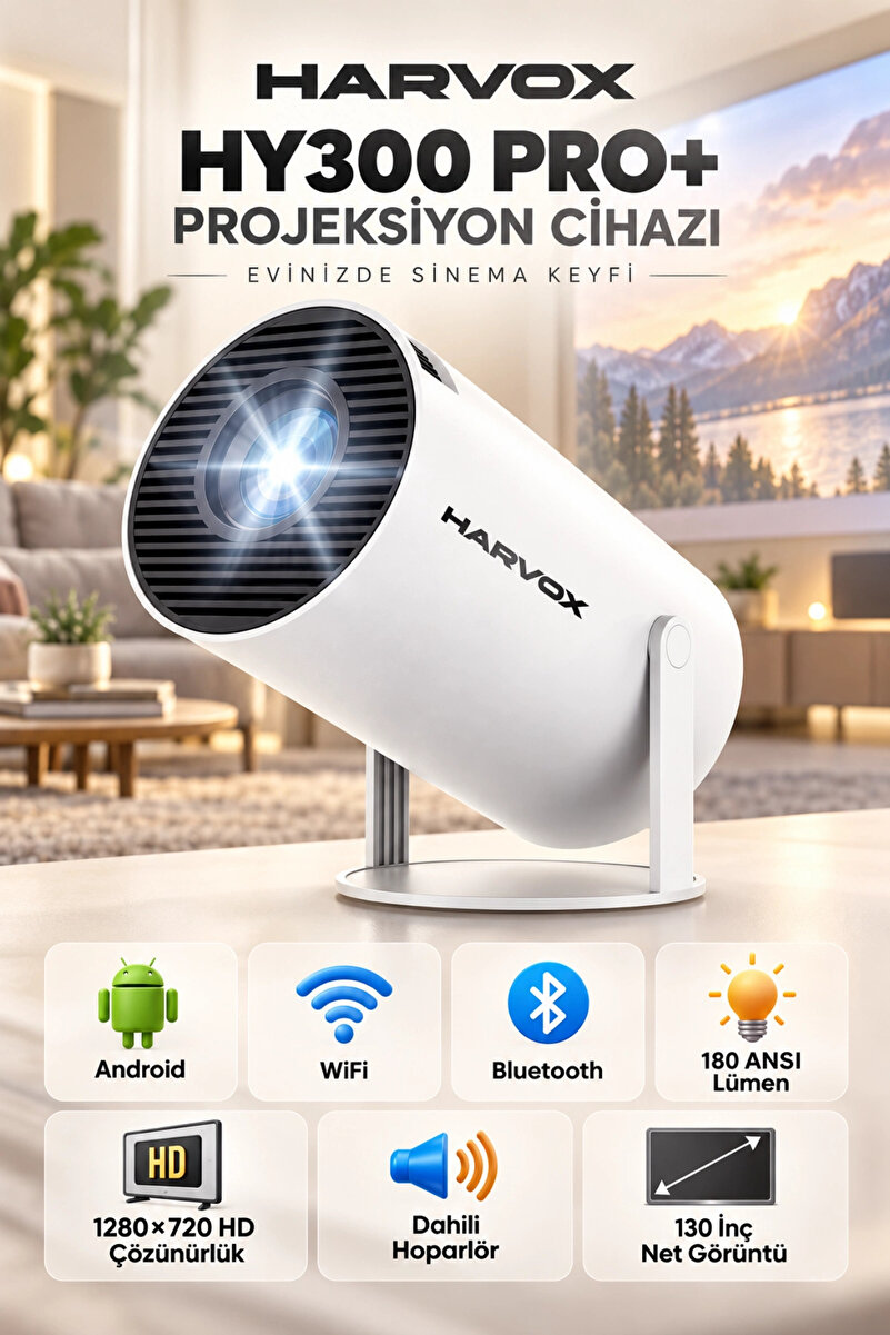 Blackbird Game Center Harvox HY300 Pro Ultra HD Taşınabilir Mini Projeksiyon Cihazı Döner Başlıklı Akıllı Ev Sinema Siste
