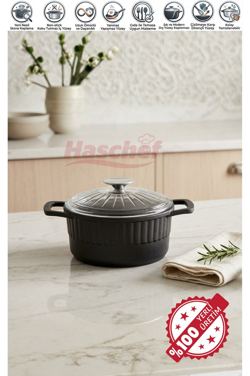 HASCHEF Yakut Döküm Yapışmaz Granit Kaplama Derin Tencere 20 Cm
