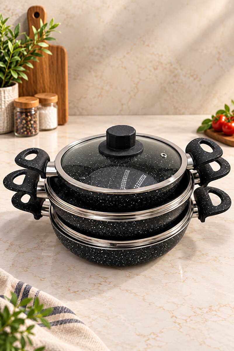 Rivorn Hrk Granit 6 Parça Cam Kapaklı Sahan Seti 18+20+22 cm Ekonomik Set