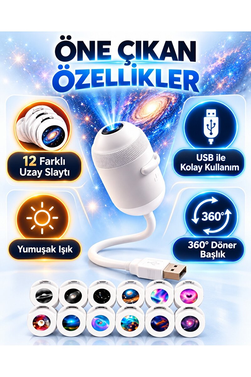 QAR Yıldızlı Gökyüzü Projeksiyonlu Gece Lambası Kapsül Tasarım Dokunmatik Tuşlu Dekoratif LED Yıldız Projektör Çocuk Odası Yatak Odası