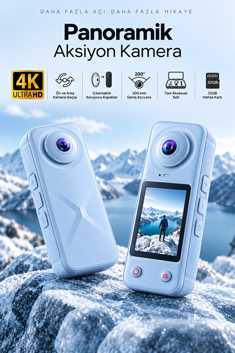 ROBEVE 4K Ultra HD Panoramik Aksiyon Kamera 200° Ultra Geniş Açı Çift Lens Ön Arka Kamera Geçişli 32GB Hafıza Kartlı Vlog Spor Seyahat Kamerası Selfie Çubuğu Setli Aksiyon Kamerası ve Selfie Çubuğu