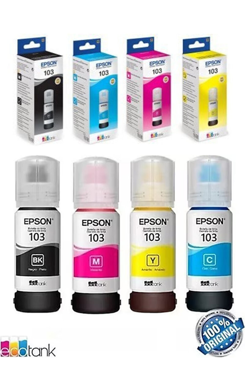 EPSON 103 Orijinal Mürekkep Seti 65 ml EcoTank L1110 L1210 L3110 L3296L3256  L3211 yazıcı uyumlu