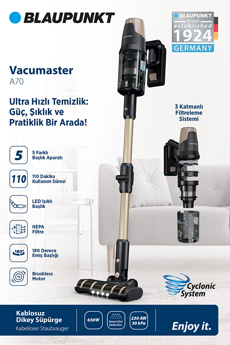 Blaupunkt A70 650W Şarjlı Dikey Süpürge 30.000 Pa Emiş Gücü 110 Dk Çalışma Süresi