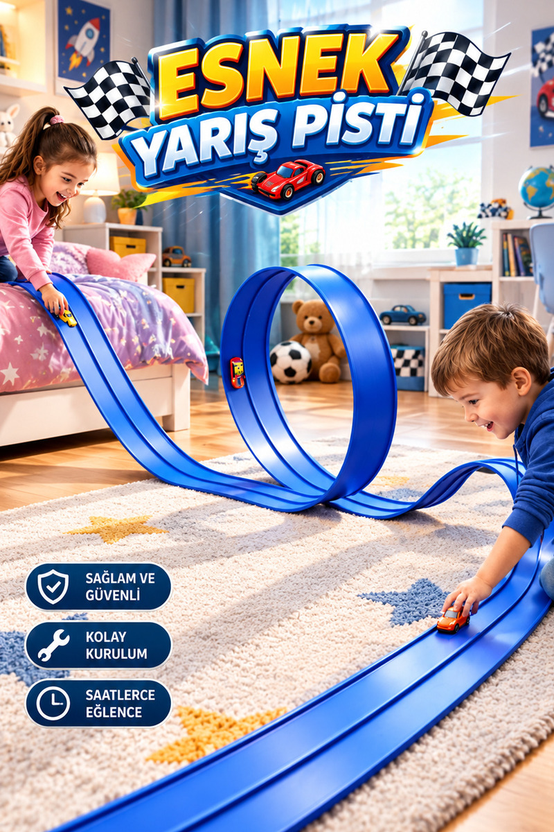 M&H 4,5 Metre Mavi Yarış Pisti Oyuncak Araba Parkuru Flex Track Esnek Yarış Pisti - Uzun Yarış Yolu Çocuk Oyun Seti ( Arabasız )