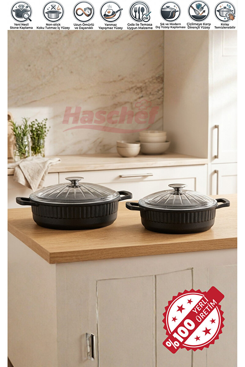 HASCHEF Yakut Döküm Granit Kaplama İkili Basık Tencere 26 - 30 Cm