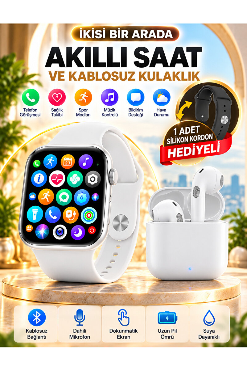 Happy Owl Akıllı Saat ve Kablosuz Bluetooth Kulaklık 2'li Set – Arama Özellikli, Spor ve Sağlık Takibi, Dokunmatik Ekran – Yedek Silikon Kordon Hediyeli