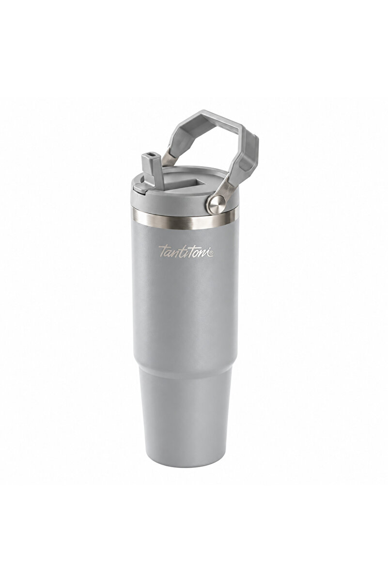Tantitoni GRİ PASLANMAZ ÇELİK TUTMALI PİPETLİ TERMOS BARDAK 900ML