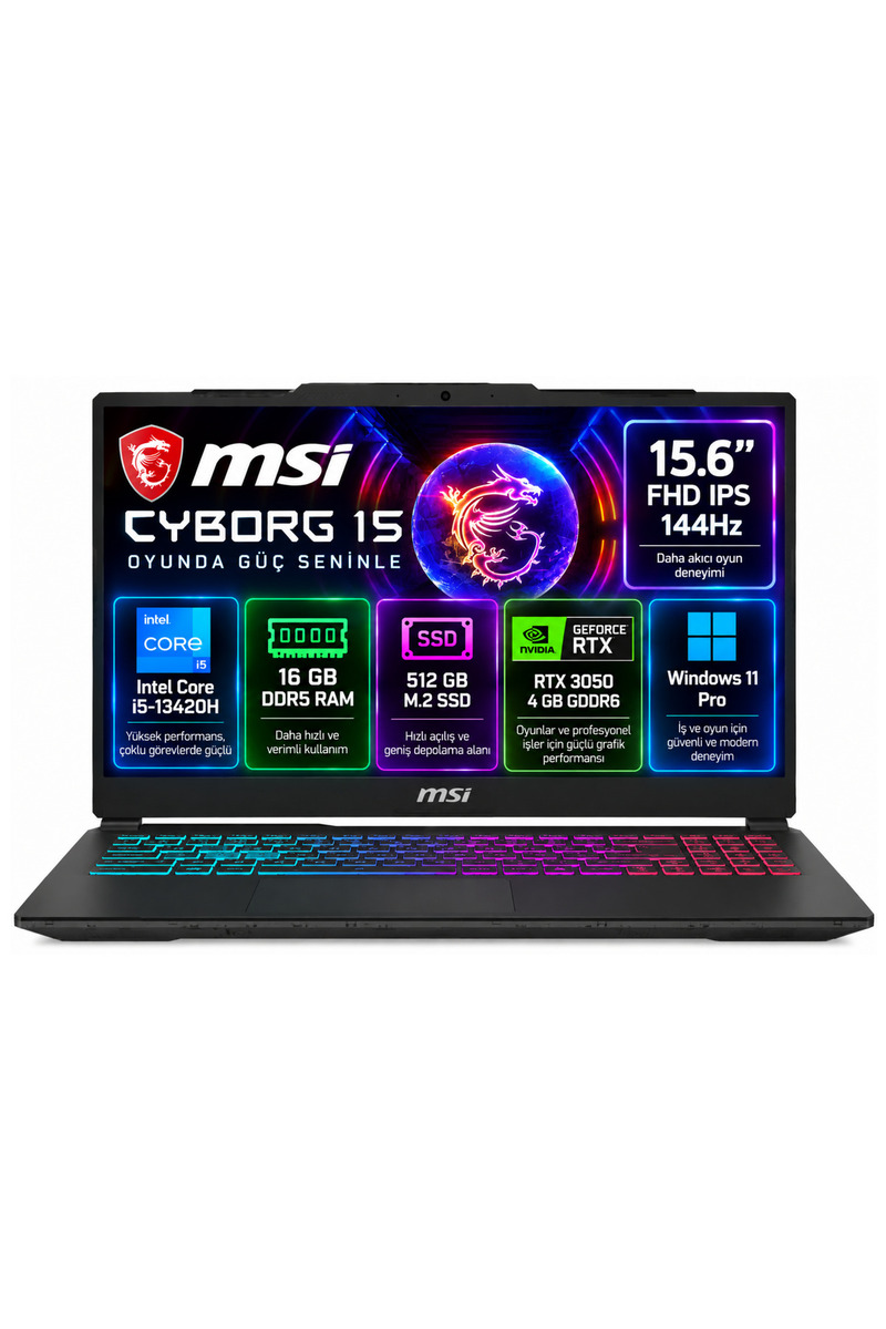 MSI CYBORG 15 A13UC-2087XTR01 Intel i5 13420H 16GB 512GB SSD RTX3050 Windows 11 pro 15.6" FHD 144Hz Notebook