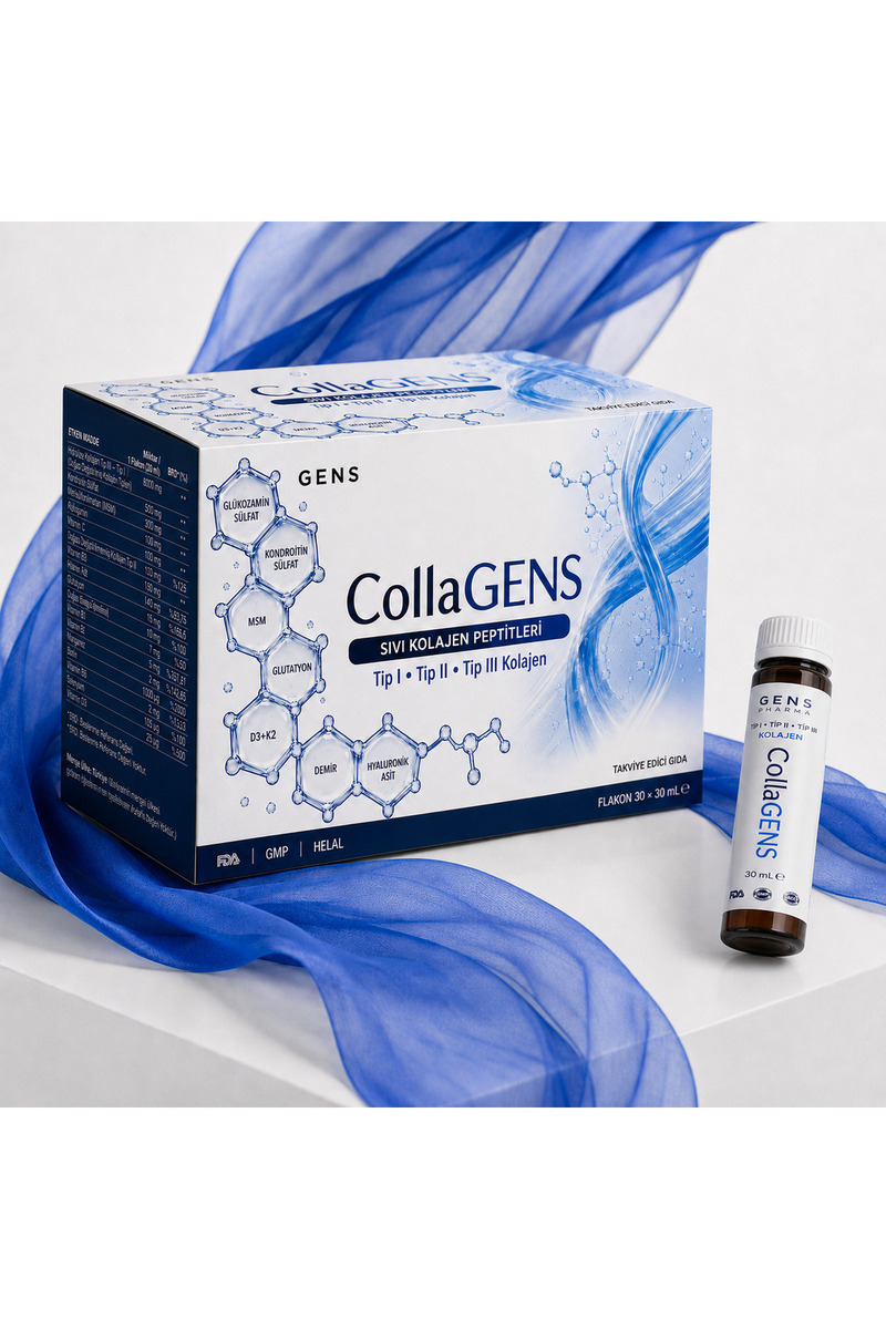 GENS PHARMA CollaGENS (30 Flakon) Komplex Kolajen TIP I TIP II TIP III+D3 K2+Biotin+Demir+Vitamin&Mineral