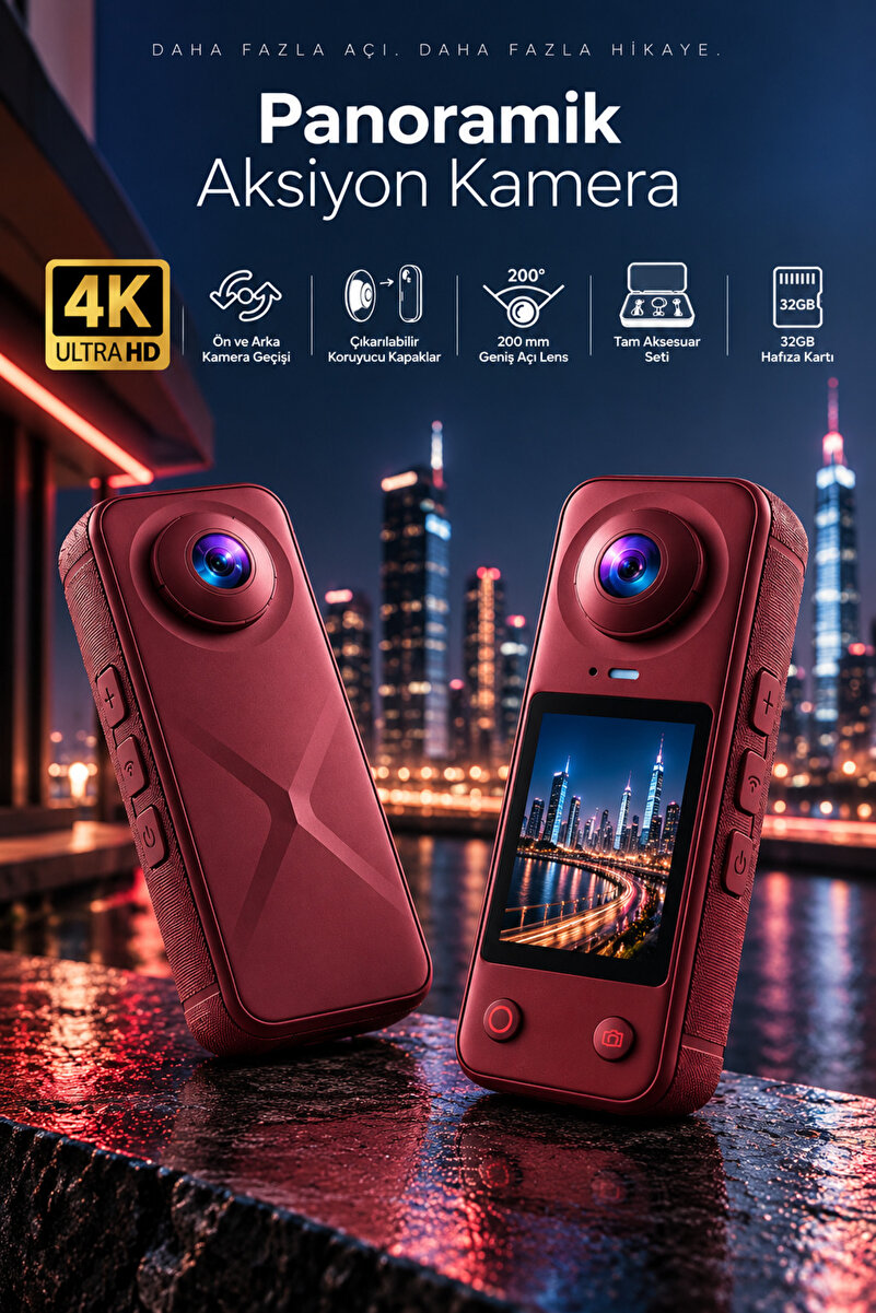 ROBEVE 4K Ultra HD Panoramik Aksiyon Kamera 200° Ultra Geniş Açı Çift Lens Ön Arka Kamera Geçişli 32GB Hafıza Kartlı Vlog Spor Seyahat Kamerası Selfie Çubuğu Setli Aksiyon Kamerası ve Selfie Çubuğu