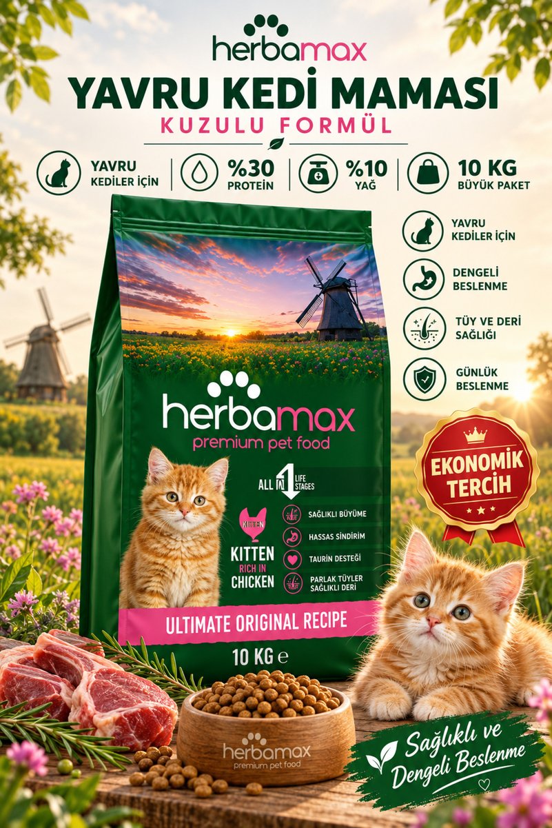 HerbaMax Gelişim Destekleyici Etkisi Ile Tavuklu Yavru Kedi Maması 10kg