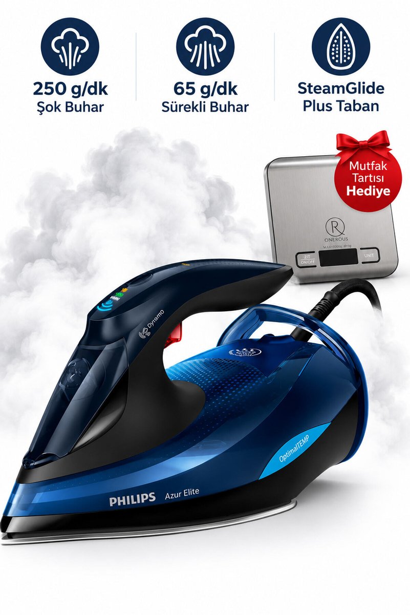 Philips Azur Elite 250 g/dk Şok Buhar Buharlı Ütü GC5034/20 Mutfak Tartısı Hediye (Onerous)