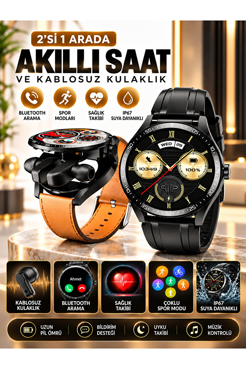 KALİTESENİNLE Bluetooth Kulaklıklı 2si 1 Arada Deri Kordonlu Amoled Ekran Watch Buds Akıllı Saat
