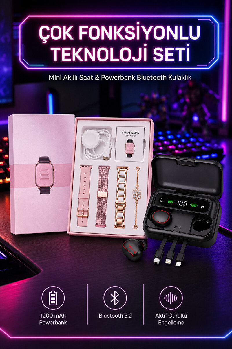 Lisinya Powerbank Özellikli Bluetooth Kulaklık ve Nabız Ölçer Akıllı Saat Bileklik Hediyeli -