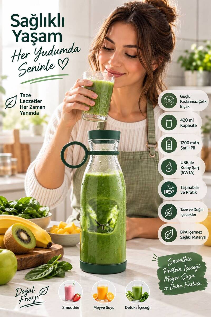 BuradaBuldun Taşınabilir Şarjlı Blender 420 ml 40W USB Şarjlı Smoothie ve Meyve Suyu Blenderi