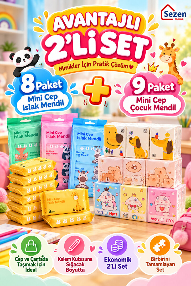 SEZEN HOME 17 Paket Karakter Desenli Mini Cep Boy Islak Mendil ve Kağıt Mendil Seti – 8 Paket Islak Mendil + 9 Paket Peçete