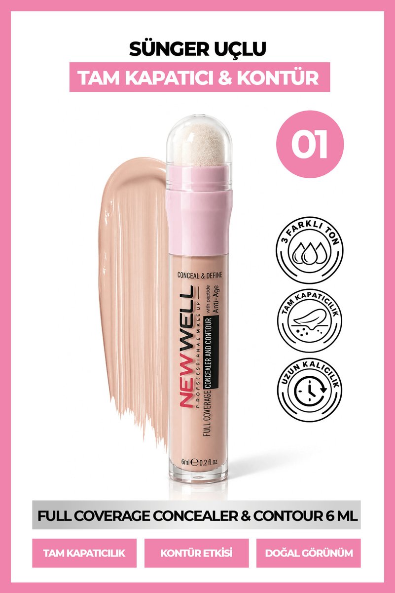 New Well Full Coverage Concealer & Contour Sünger Uçlu Kapatıcı & Kontür 01 6 ml