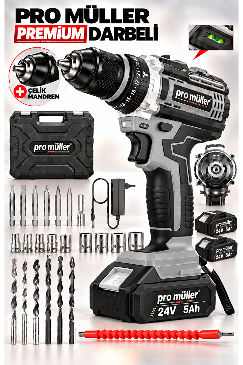 Pro Müller Alman Premium 5 Pilli 24V 5 Ah 10 Mm Çelik Mandrenli Bakır Sargılı Akülü Vidalama Matkap 27 Parça Setli