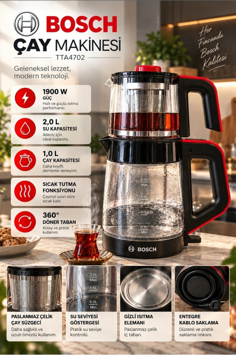 Bosch 30 bardak kapasiteli cam çaycı
