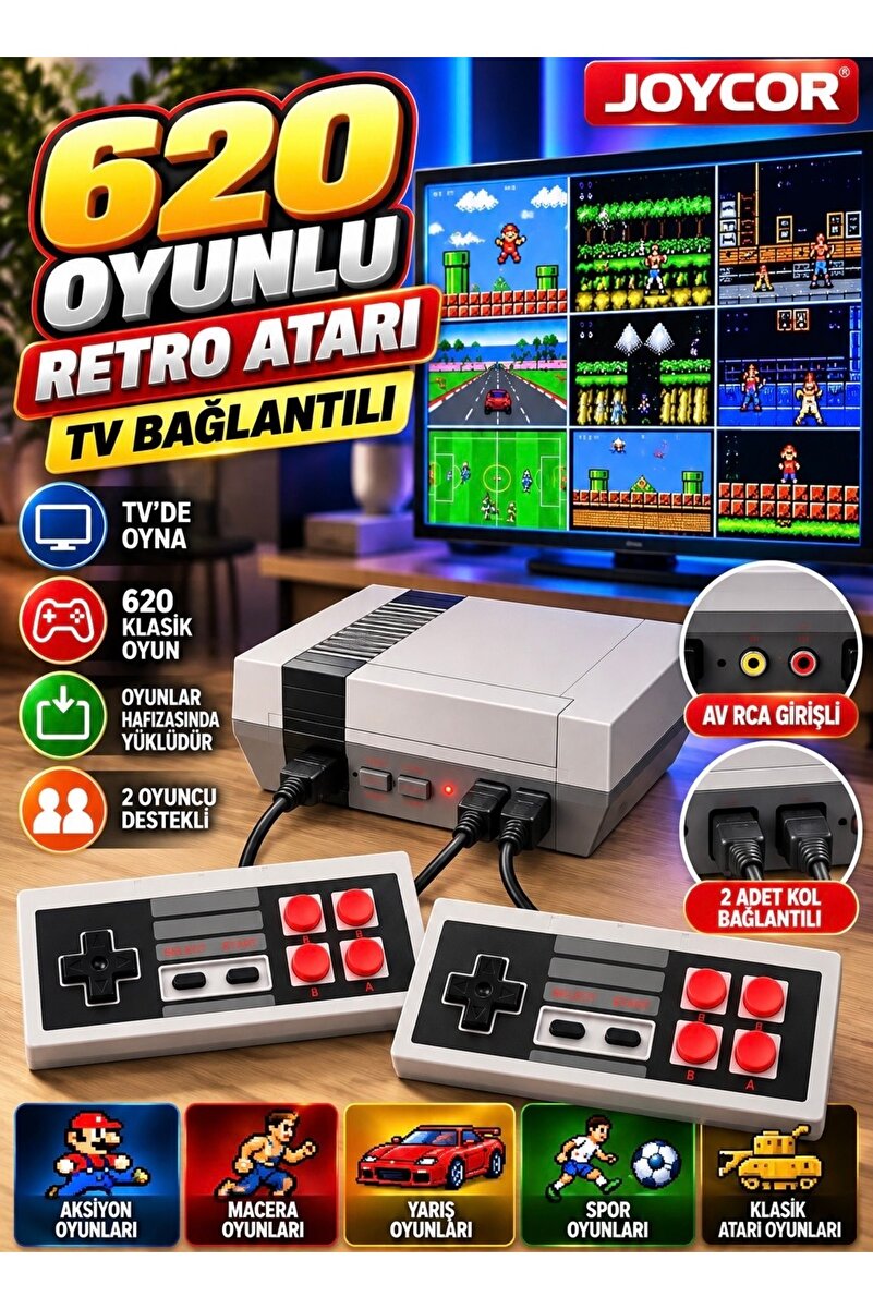 JOYCOR 620 Oyunlu Retro Atari Oyun Konsolu 2 Kablolu Joystick AV/RCA Bağlantılı TV Uyumlu Klasik Oyun Konsolu