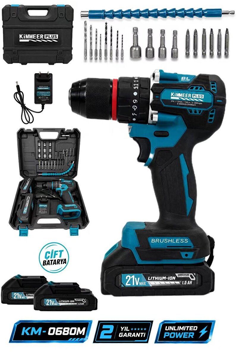 KİMMEER PLUS 13mm 21 V 5 PİLLİ ÇİFT AKÜLÜ KÖMÜRSÜZ ÇELİK MANDREN DARBELİ MATKAP