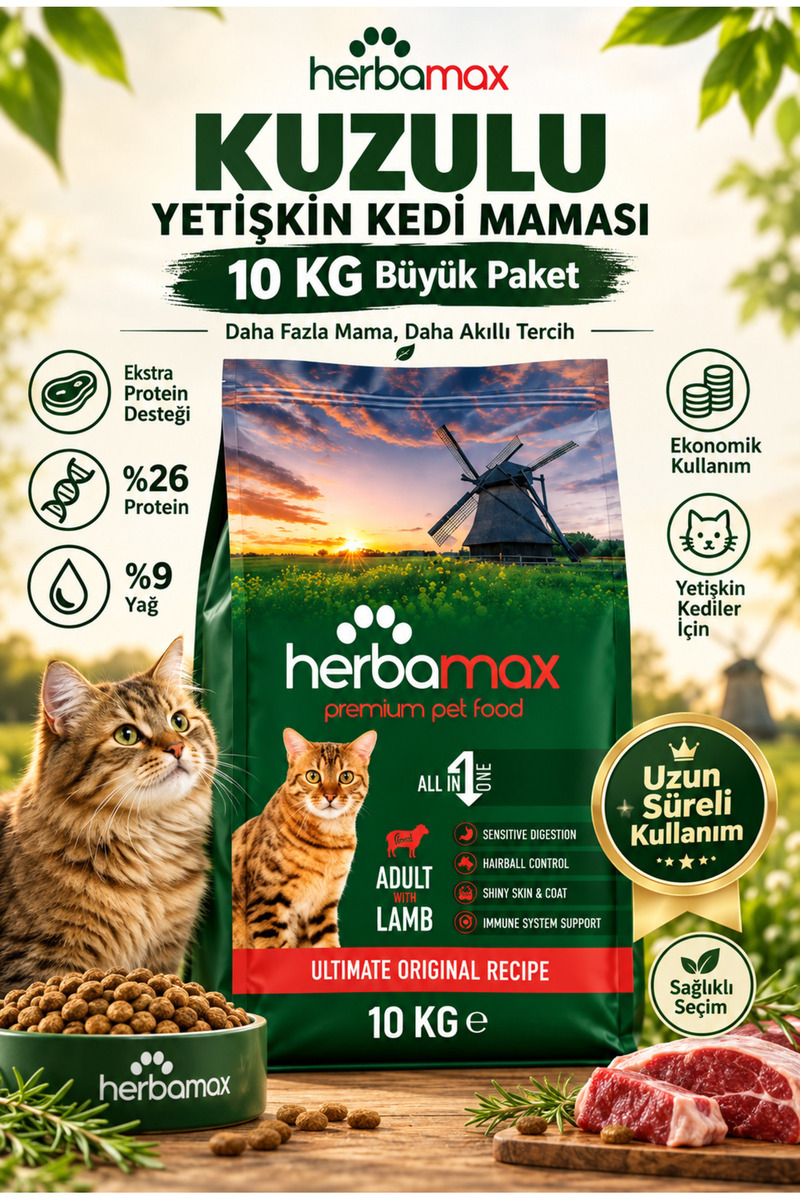 HerbaMax Ekstra Protein Desteği Sayesinde Bünyeyi Güçlendiren Formüllü - Kuzu Etli Yetişkin Kedi Maması 10kg