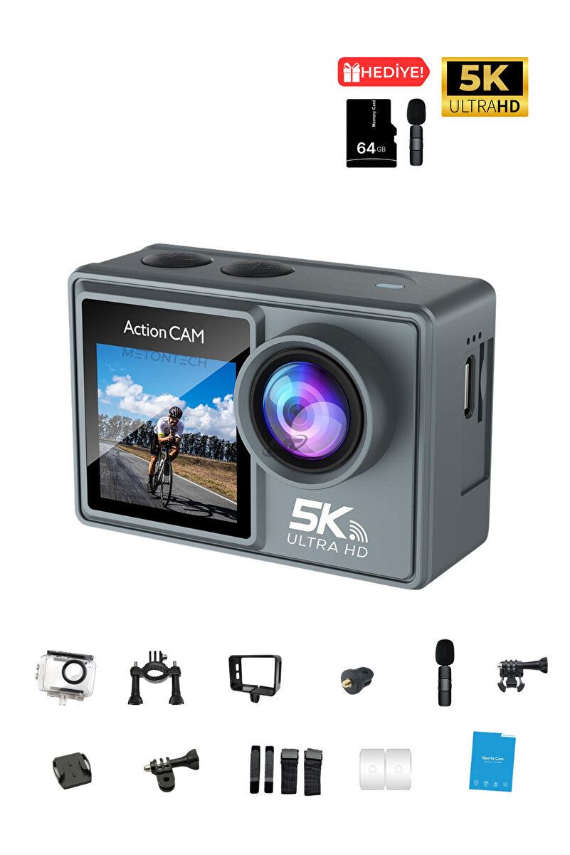 METONTECH 5K Ultra HD Aksiyon Kamerası – 4K 60FPS | 50MP | Hafıza Kartı, Mikrofon Hediye | 30M Su Geçirmez |