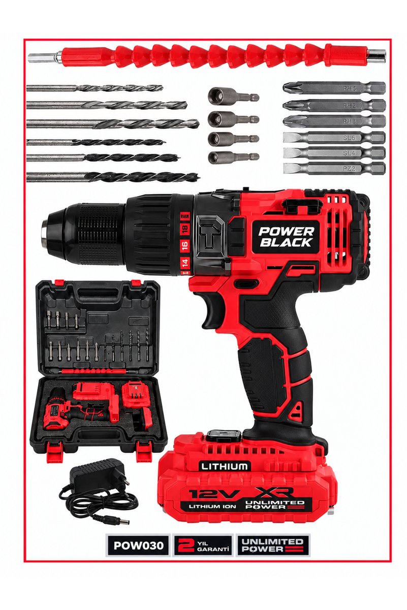 POWER BLACK 12 V METALŞANZIMAN BAKIR SARGILI ÇİFT BATARYALI ÇANTALI MATKAP AKÜLÜ VİDALAMA