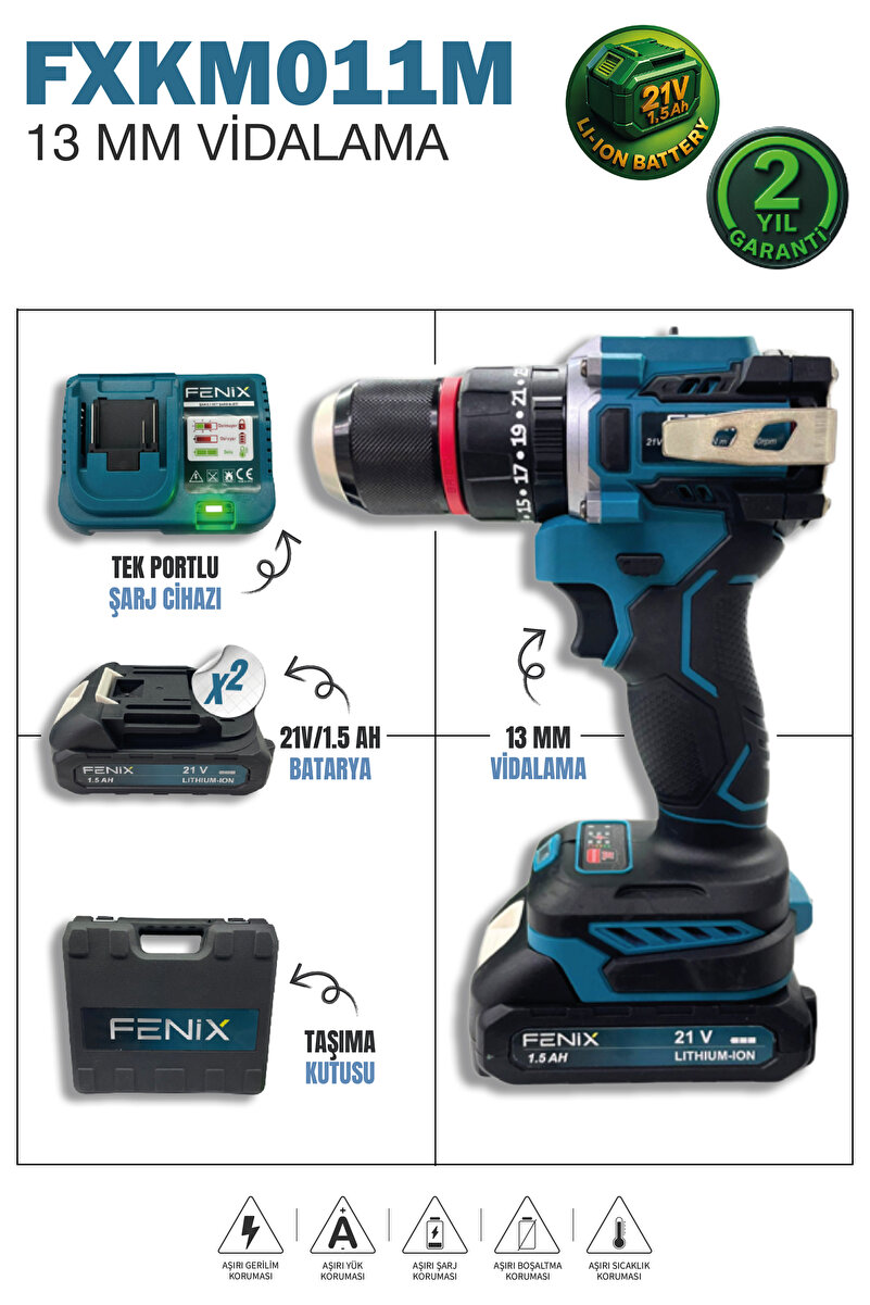 Fenix FXKM011M 21V 1.5 Ah Çift Akülü Şarjlı Vidalama