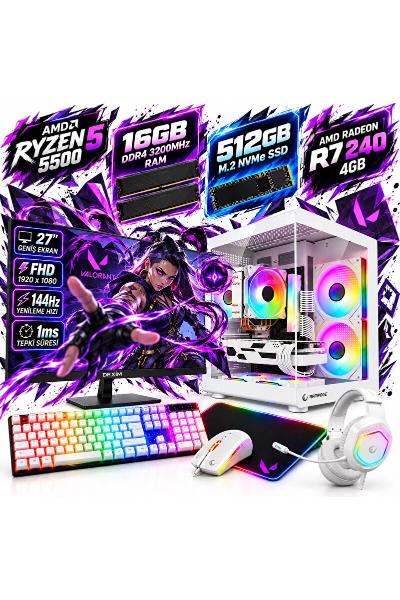 Apphirex Reyna X25 Ryzen 5 5500 16GB 512GB M.2 R7240 4GB 27'' 144Hz Hazır Sistem Oyun Bilgisayarı