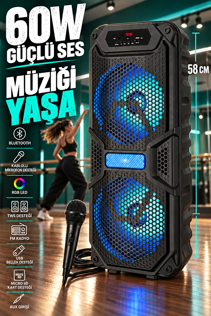 Zineets Işıklı Büyük Boy Party Box Bluetooth Hoparlör Taşınabilir Şarjlı Ses Sistemi Radyolu Karaoke Mic