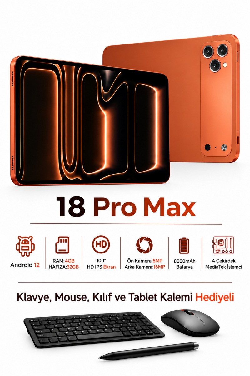 euro special SHM010 18 Pro Max - 32 GB Depolama 4GB Ram 10.1 İnç Tablet Seti