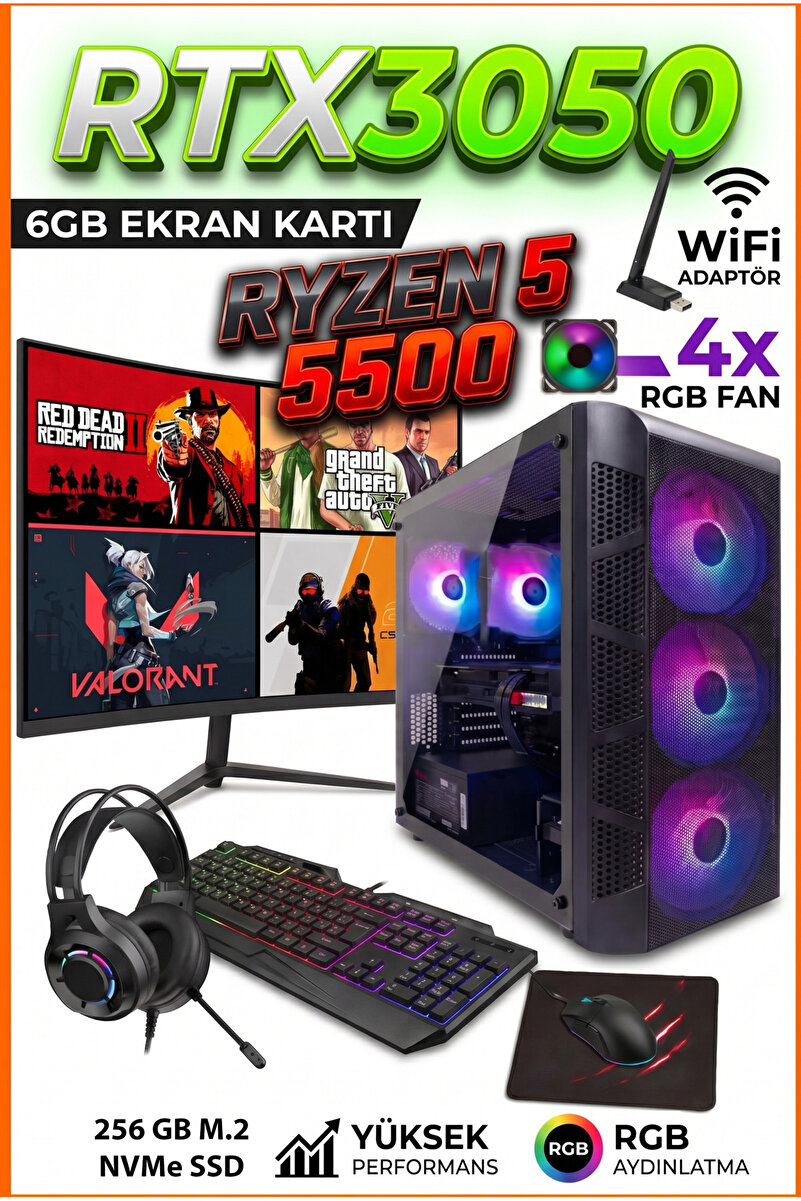 COMLOJI GA Full-Perf Gaming v2 Ryzen 5 5500 + RTX 3050 + 16GB DDR4 RAM 256GB M.2 NVMe SSD Full Set Oyun Bilgisayarı