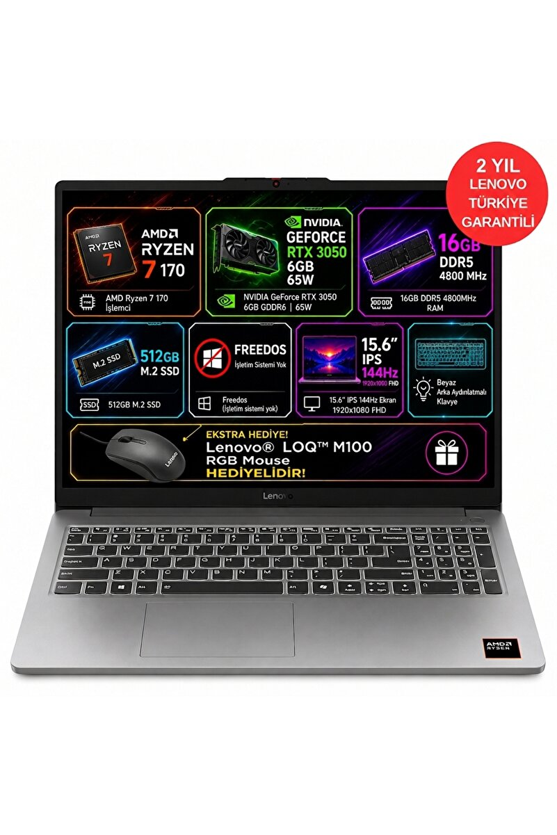 LENOVO LOQ 15ARP10E 83S000E0TR AMD Ryzen 7 170 16GB 512GB SSD RTX 3050 Freedos 15.6" FHD ( Mouse hediyeli)