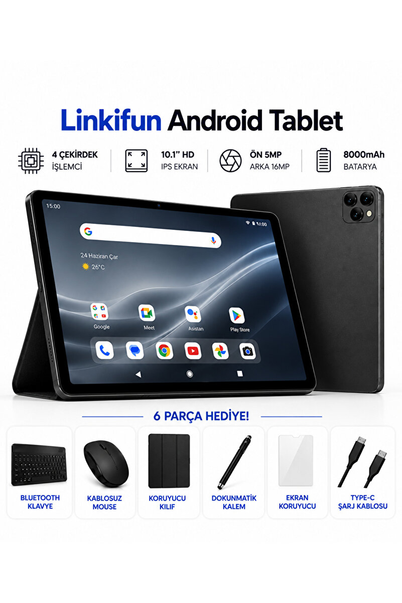 linkifun 10.1" HD IPS Android Tablet 4GB/32GB | 8000mAh Batarya | SIM Kart Destekli | El Fanı Hediyeli + Bluetooth Klavye + Kalem + Mouse Seti