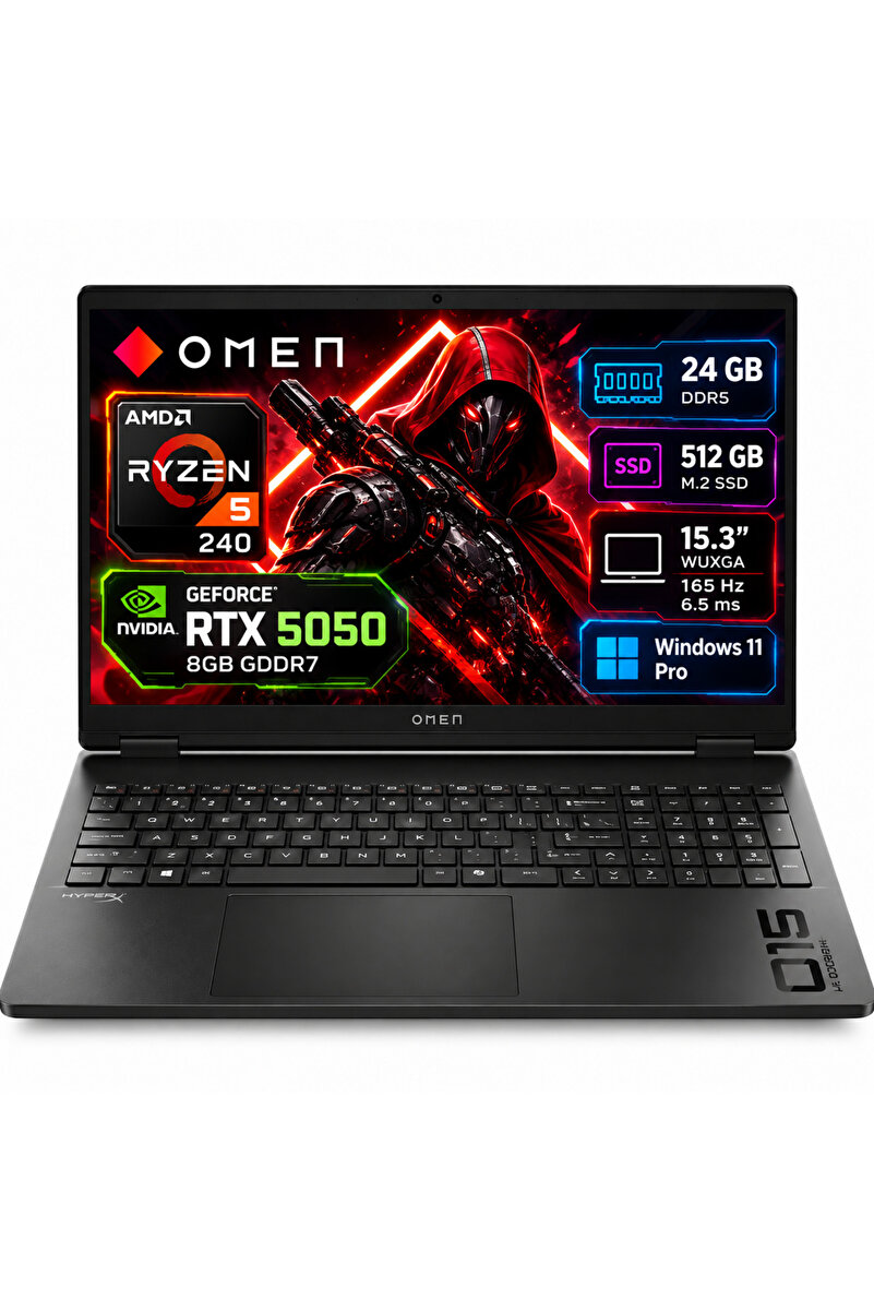 HP HyperX OMEN AMD Ryzen 5 240 RTX 5050 8GB 24GB DDR5 512GB SSD 15.3 inç WUXGA 165Hz 6.5ms IPS Windows 11 pro Gaming Laptop D2QW7EA
