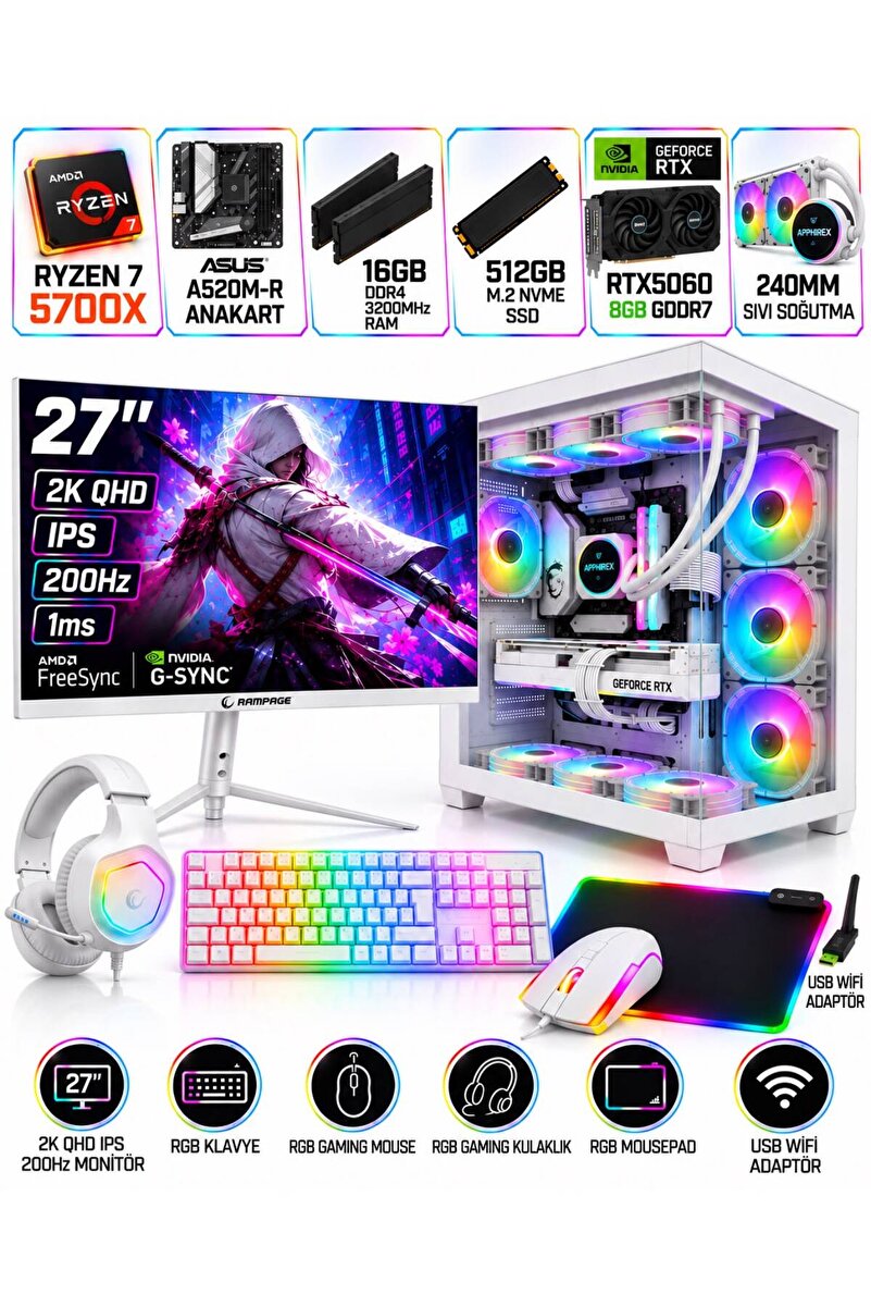 Apphirex FLOW X25 Ryzen 7 5700X 16GB 512GB M.2 8GB RTX5060 27'' 200HZ QHD Sıvı Soğutmalı Oyuncu Bilgisayarı