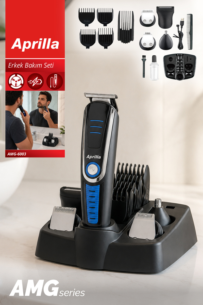 Aprilla AMG-6003 Şarjlı Tıraş Makinesi Erkek Bakım Seti | 5 Başlıklı & 90 dk Kullanım & Kablolu ve Kablosuz