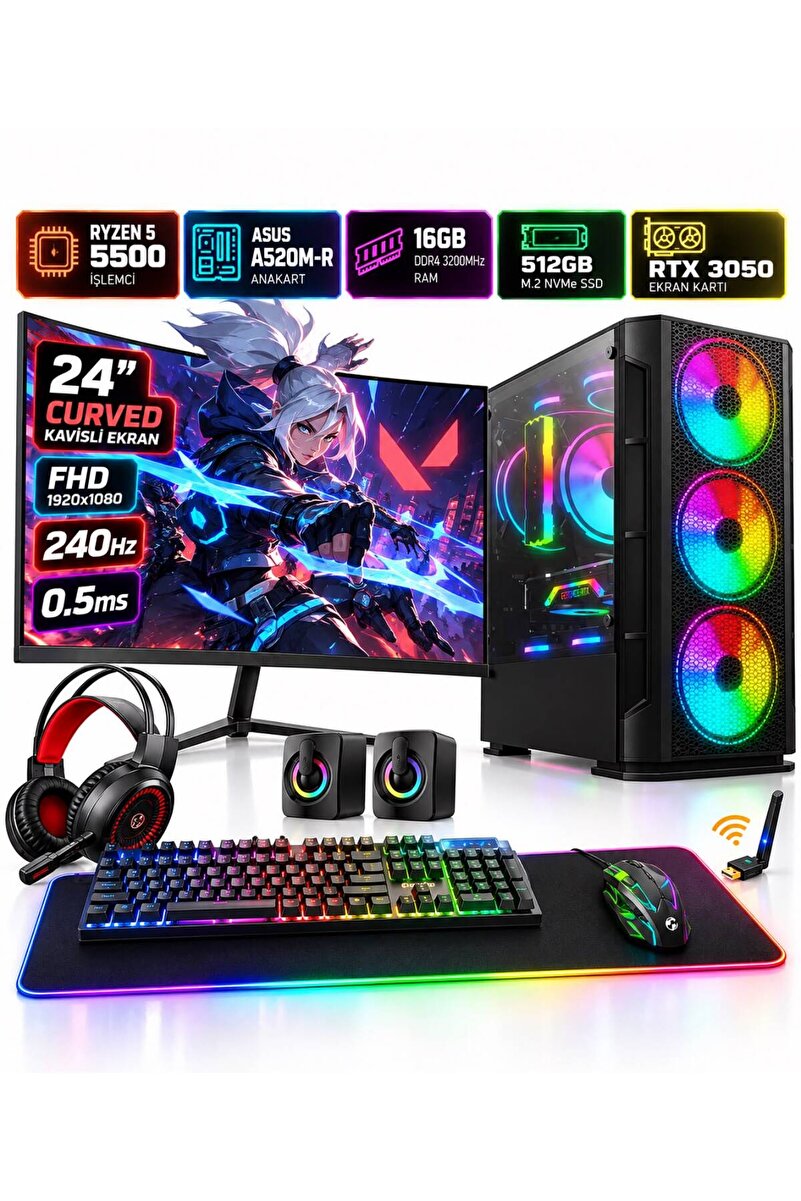 Apphirex Ganker X66 Ryzen 5 5500 16GB Ram 512GB M.2 RTX3050 24'' 240Hz Curved Hazır Sistem Oyuncu Bilgisayarı
